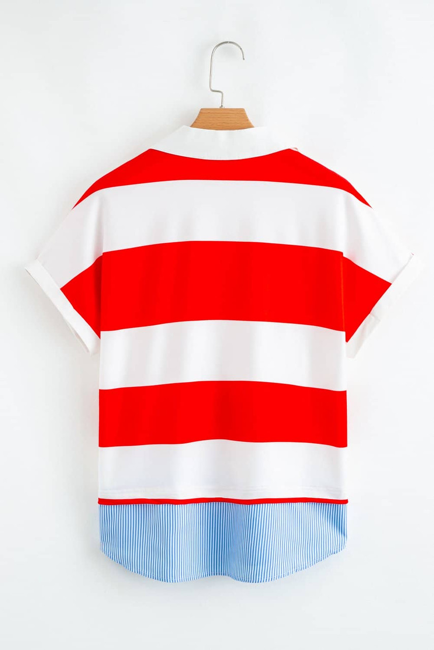 Red Stripe Collar V Neck Cuffed Dolman Short Sleeve Top Red Stripe Collar V Neck Cuffed Dolman Short Sleeve Top