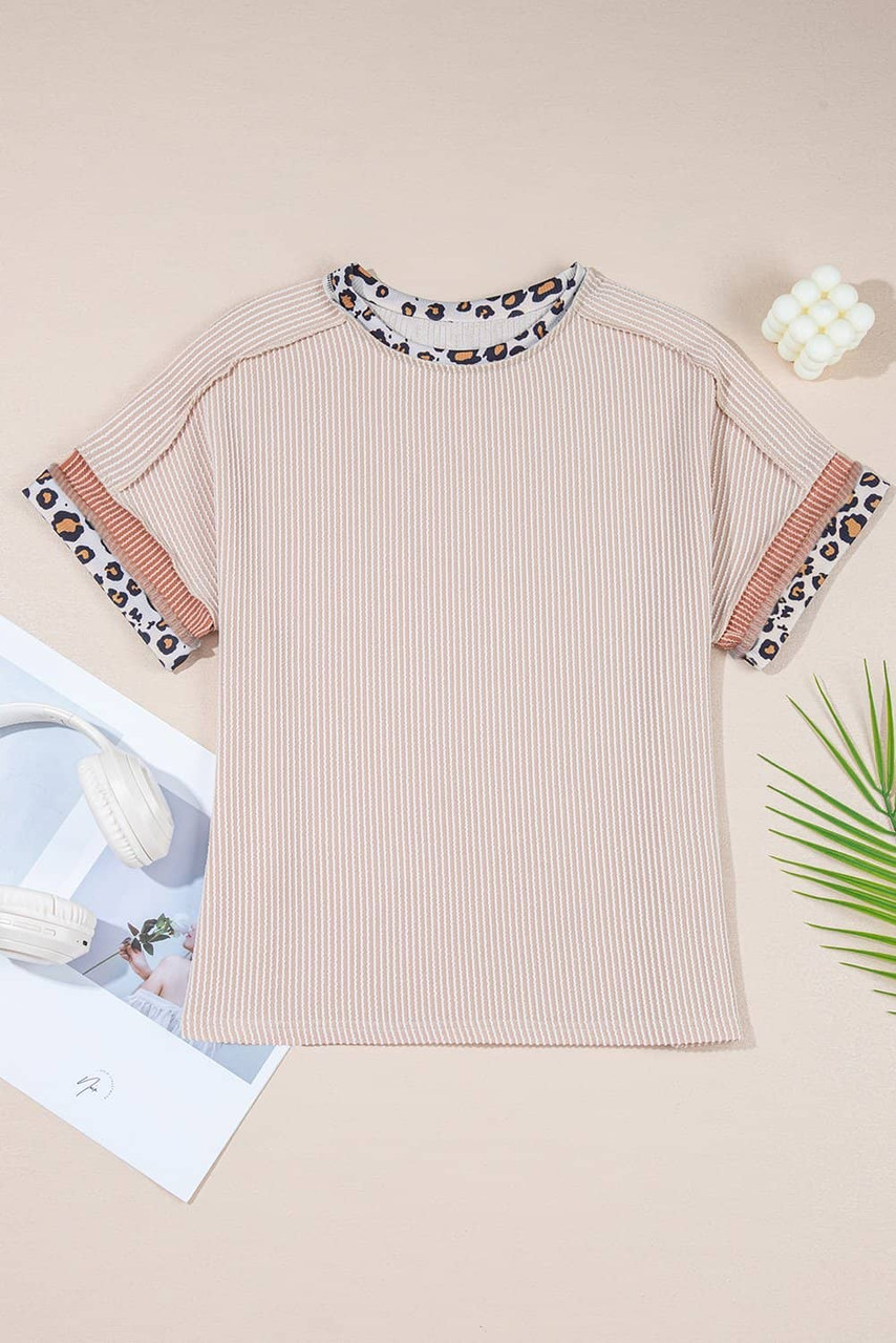 Jet Stream Leopard Patchwork Corded Knit Crew Neck T Shirt