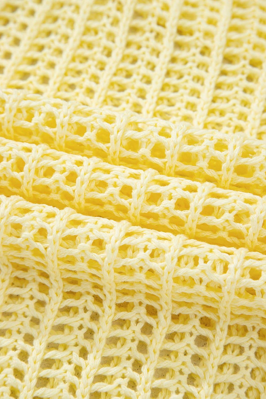 Yellow Cream Hollow-out Crochet Side Tied Short Sleeve Sweater