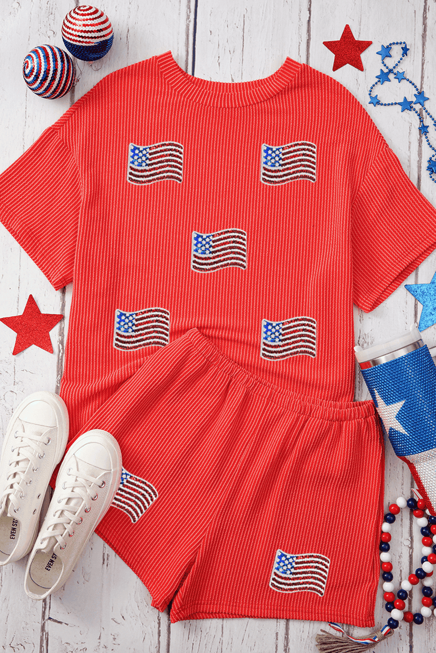 Orange Sequined American Flag Twisted Rib Texture 2pcs Short Set Orange Sequined American Flag Twisted Rib Texture 2pcs Short Set