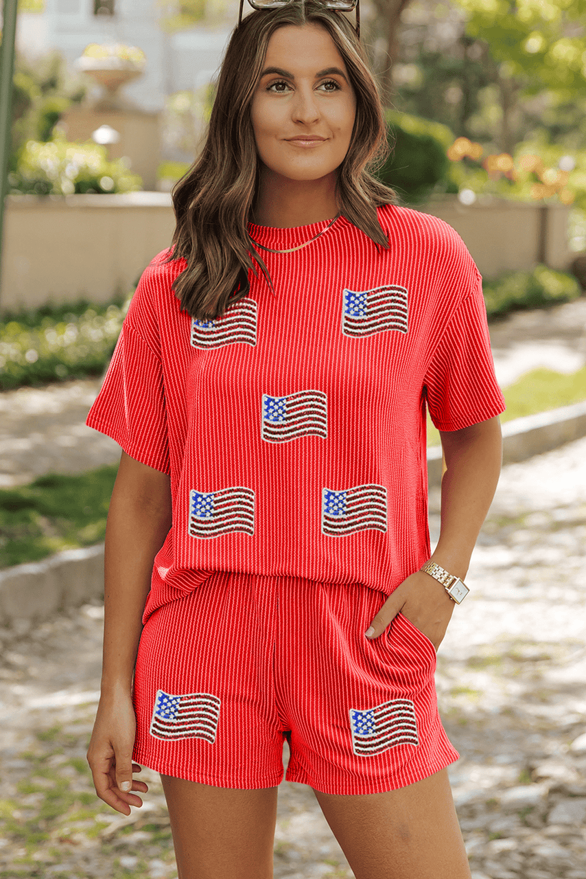 Orange Sequined American Flag Twisted Rib Texture 2pcs Short Set Orange Sequined American Flag Twisted Rib Texture 2pcs Short Set