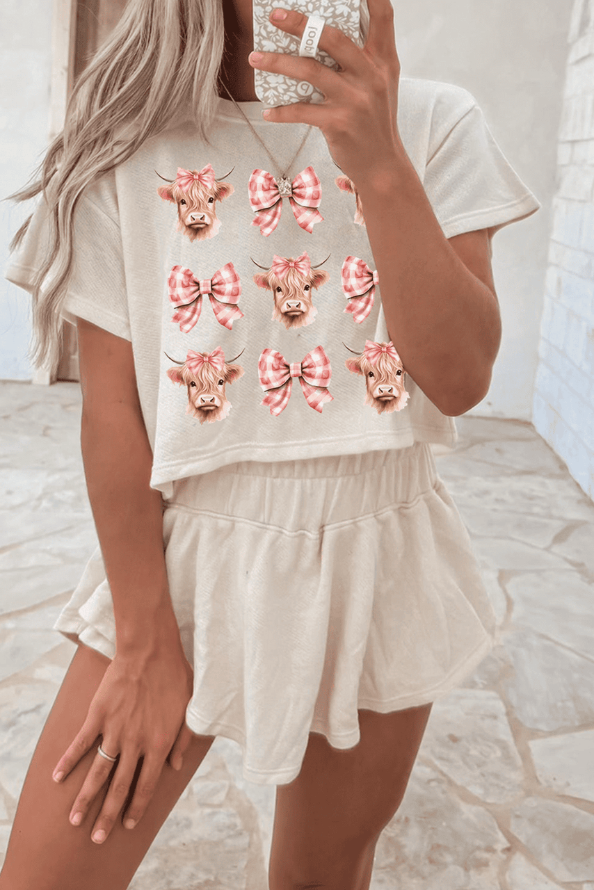 Beige Cow with Bows Cropped Tee and Skort Set Beige Cow with Bows Cropped Tee and Skort Set