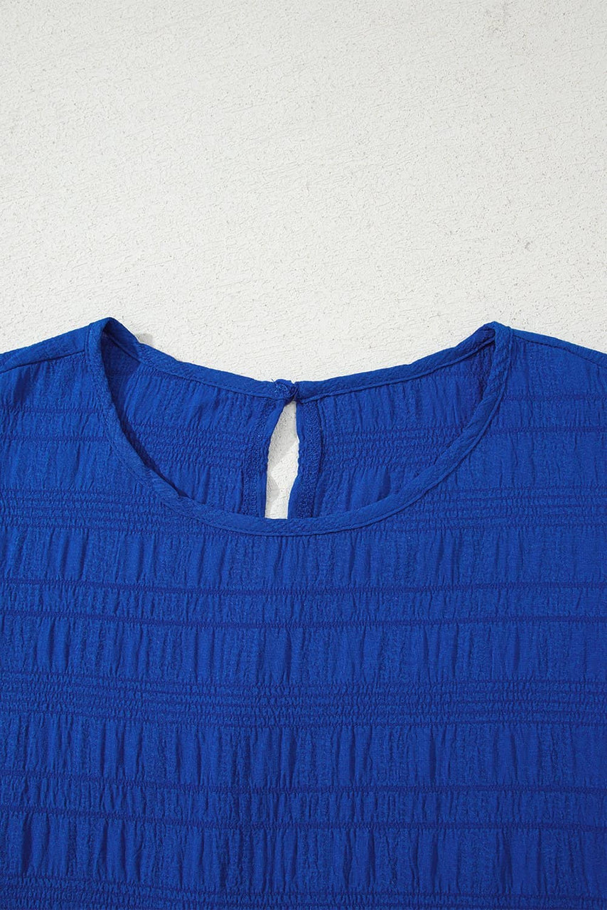 Dark Blue Textured Flutter Sleeve Ruffled Mini Dress