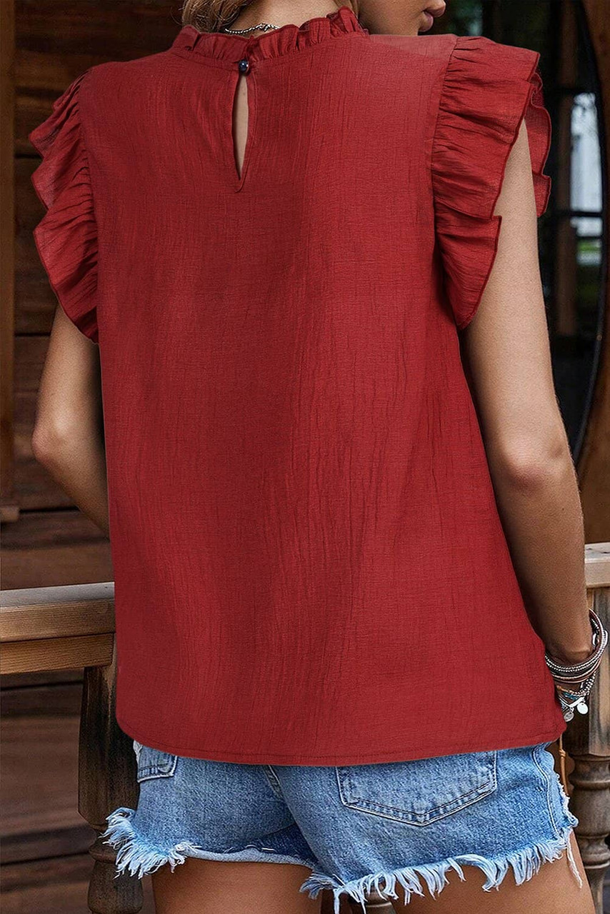 Red Dahlia Solid Color Pleated Detail Ruffle Short Sleeve Blouse
