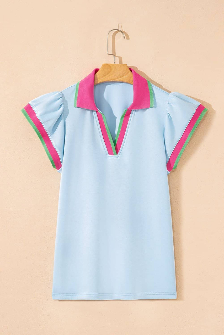 Beau Blue Color Contrast Ruffled Sleeve Collared V Neck Blouse