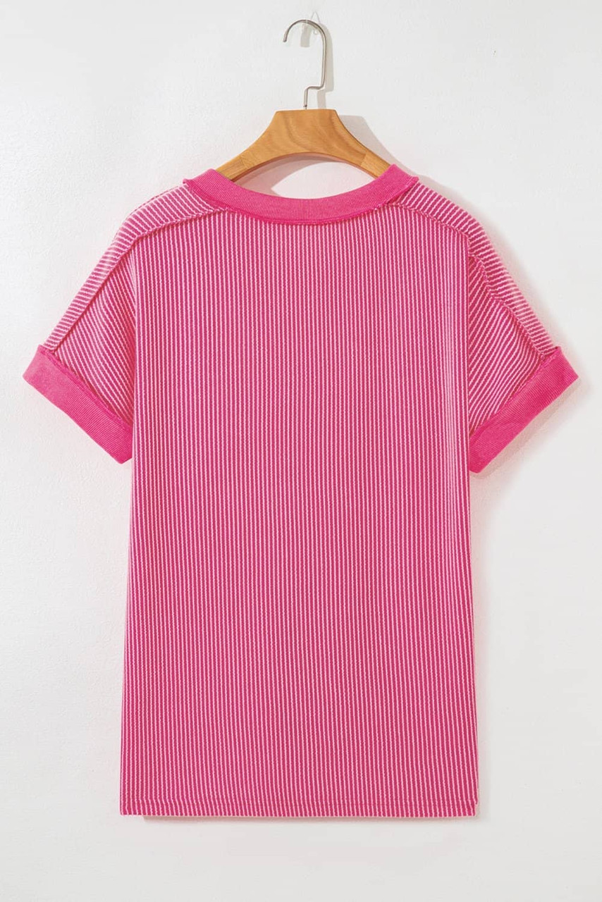 Rose Red Twisted Ribbed Knit V Neck Casual Tee Rose Red Twisted Ribbed Knit V Neck Casual Tee