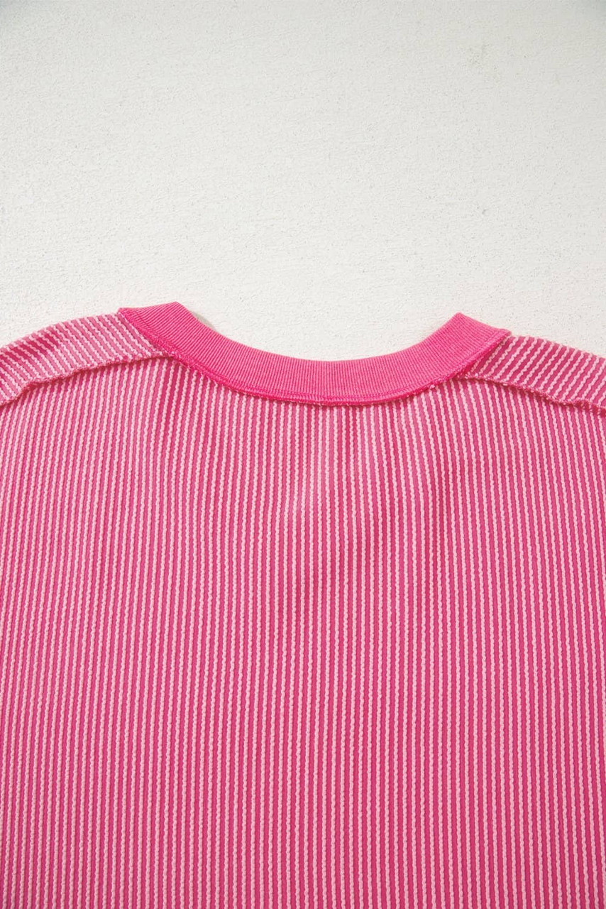 Rose Red Twisted Ribbed Knit V Neck Casual Tee Rose Red Twisted Ribbed Knit V Neck Casual Tee