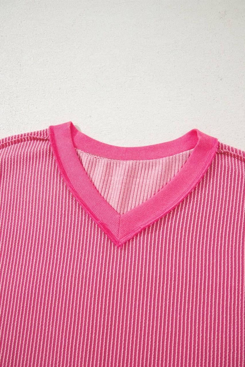 Rose Red Twisted Ribbed Knit V Neck Casual Tee Rose Red Twisted Ribbed Knit V Neck Casual Tee