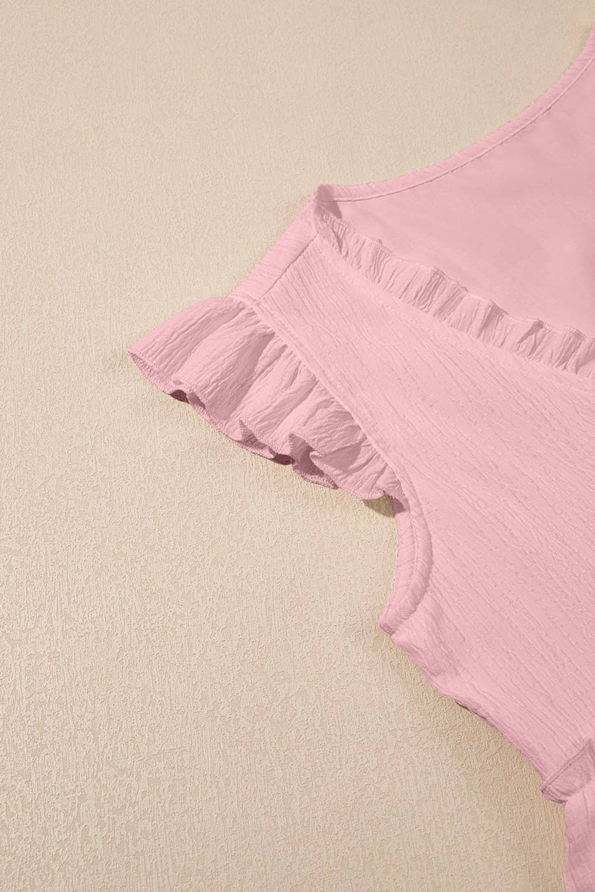 Light Pink Textured Ruffled Trim V Neck Flutter Flowy Top