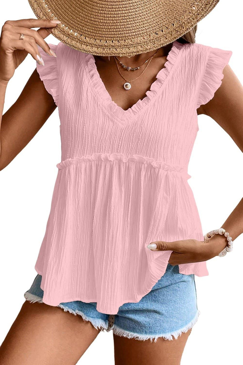 Light Pink Textured Ruffled Trim V Neck Flutter Flowy Top