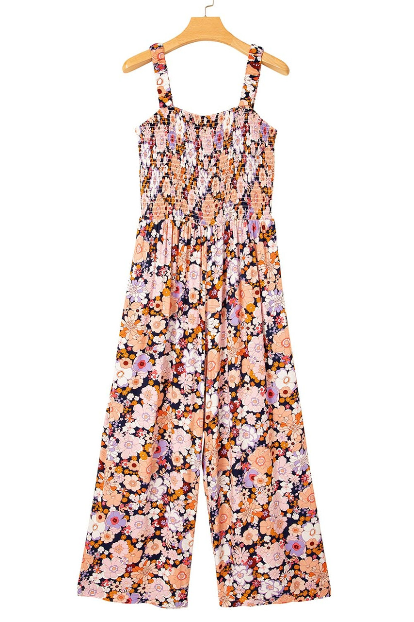 Black Floral Print Smocked High Waist Square Neck Jumpsuit Black Floral Print Smocked High Waist Square Neck Jumpsuit