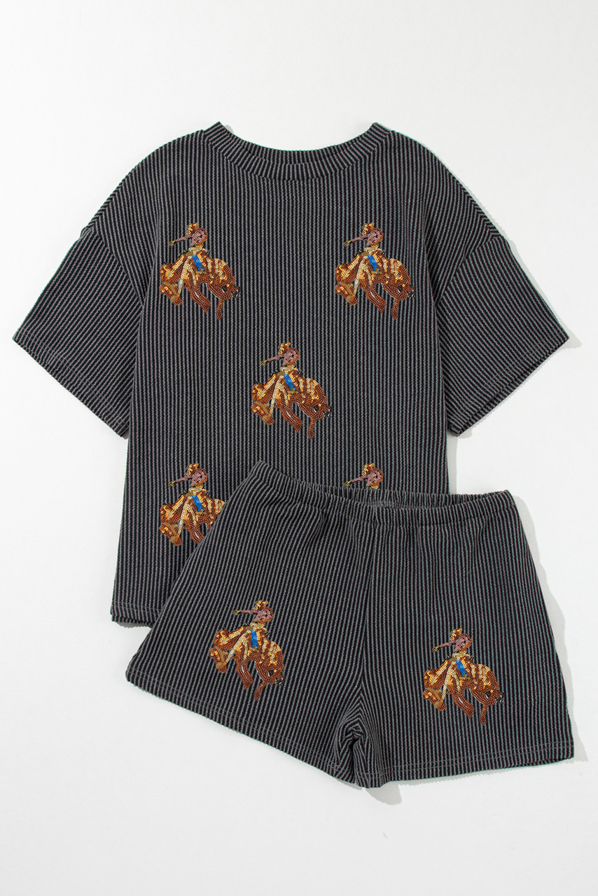 Carbon Grey Western Rodeo Graphic Patched 3D Ribbed Short 2pcs Outfit
