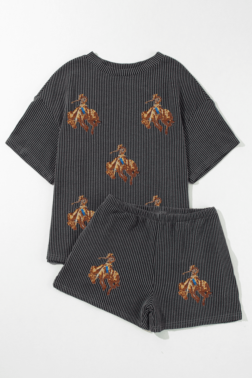 Carbon Grey Western Rodeo Graphic Patched 3D Ribbed Short 2pcs Outfit