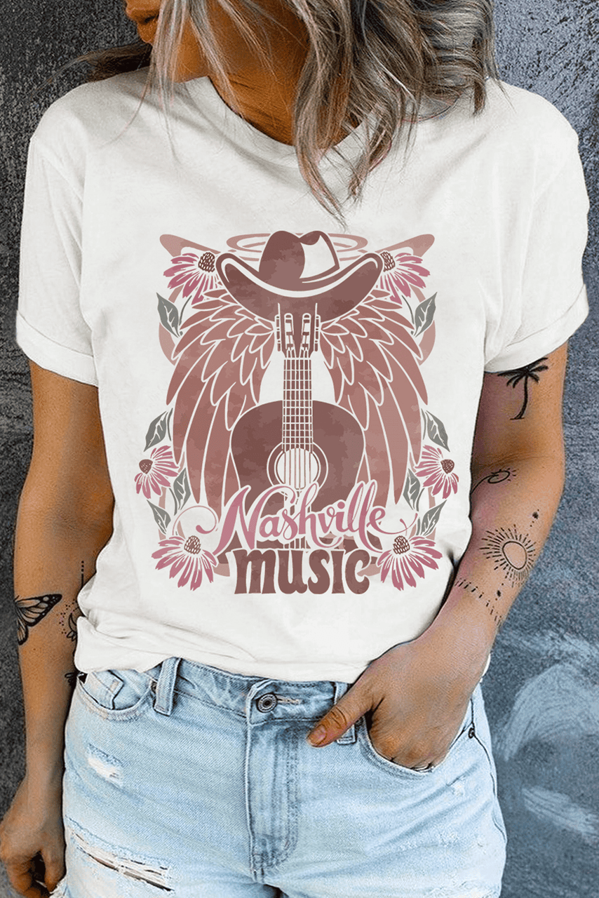 White Nashville Music Cowboy Hat Guitar Graphic Tee