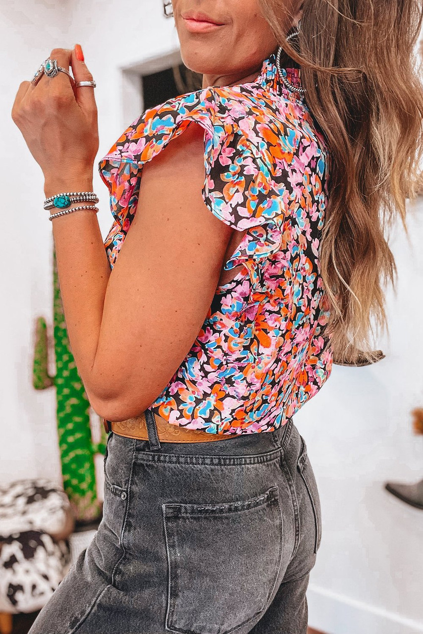 Orange Floral Print Flutter Sleeve Blouse Top