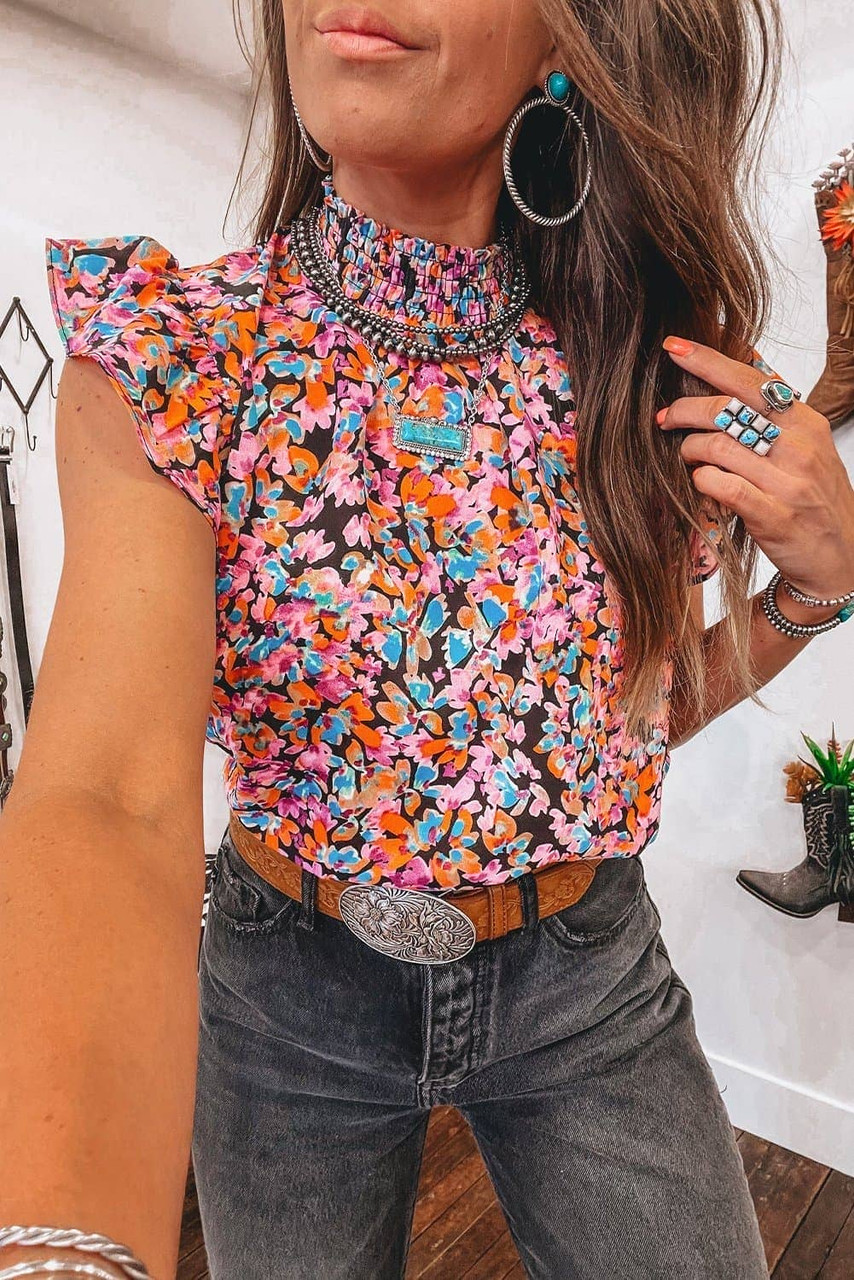 Orange Floral Print Flutter Sleeve Blouse Top