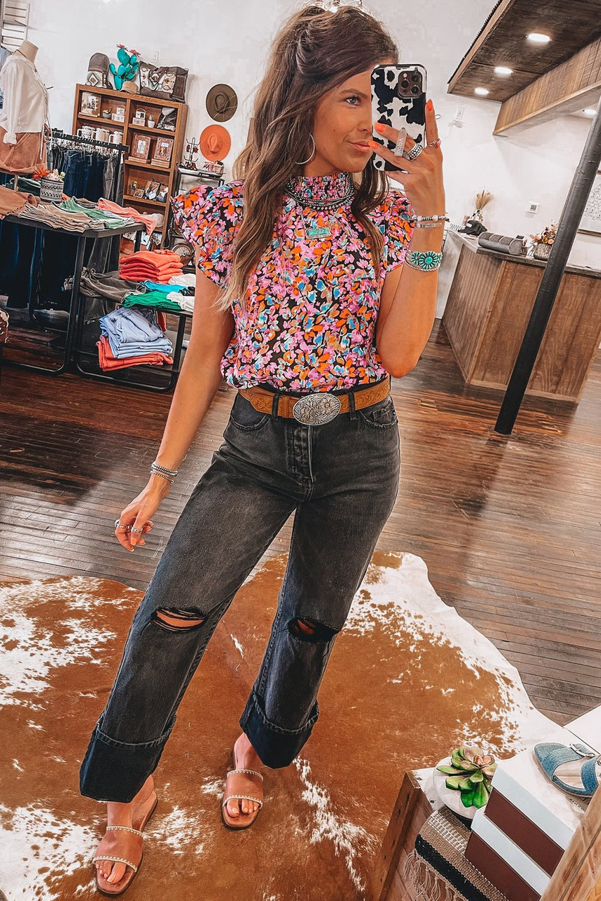 Orange Floral Print Flutter Sleeve Blouse Top