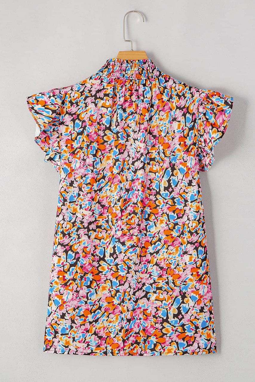 Orange Floral Print Flutter Sleeve Blouse Top