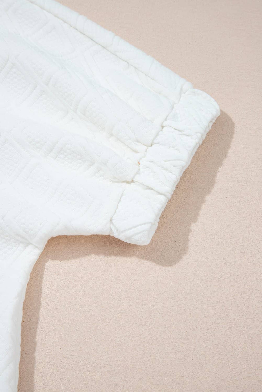 White Contrast Striped Collar Patchwork Textured Half Sleeve Blouse