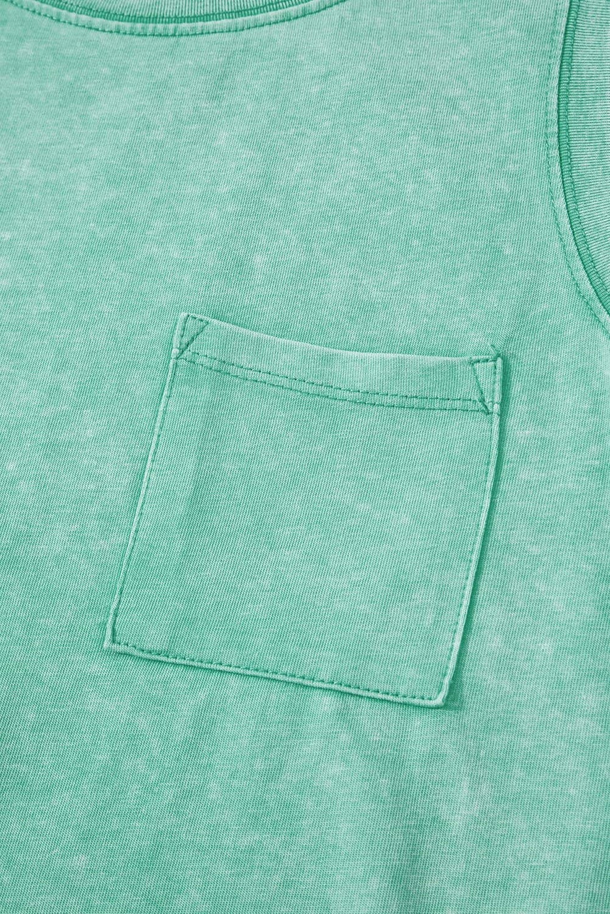 Sea Green Mineral Wash Patched Chest Pocket Casual Tank Top