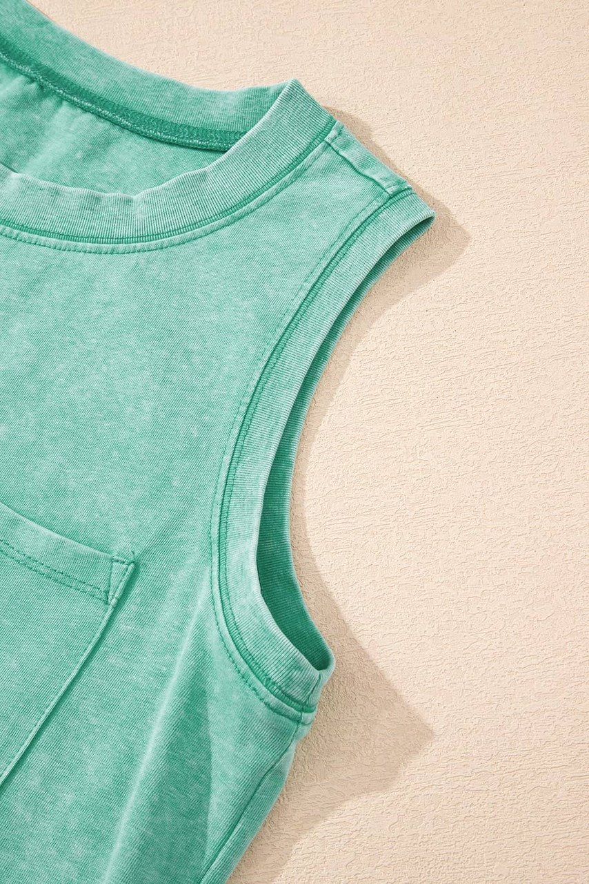 Sea Green Mineral Wash Patched Chest Pocket Casual Tank Top