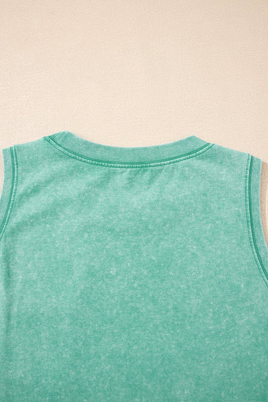 Sea Green Mineral Wash Patched Chest Pocket Casual Tank Top