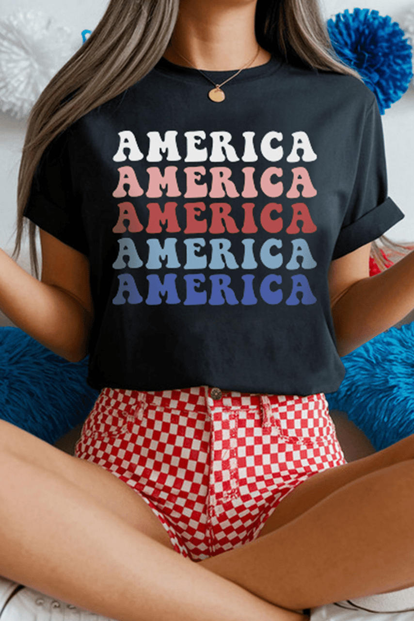 Black Colorful AMERICA Print Crewneck Patriotic T Shirt