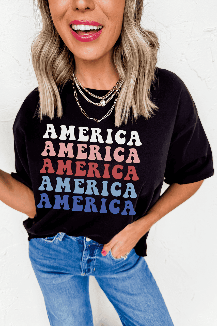 Black Colorful AMERICA Print Crewneck Patriotic T Shirt