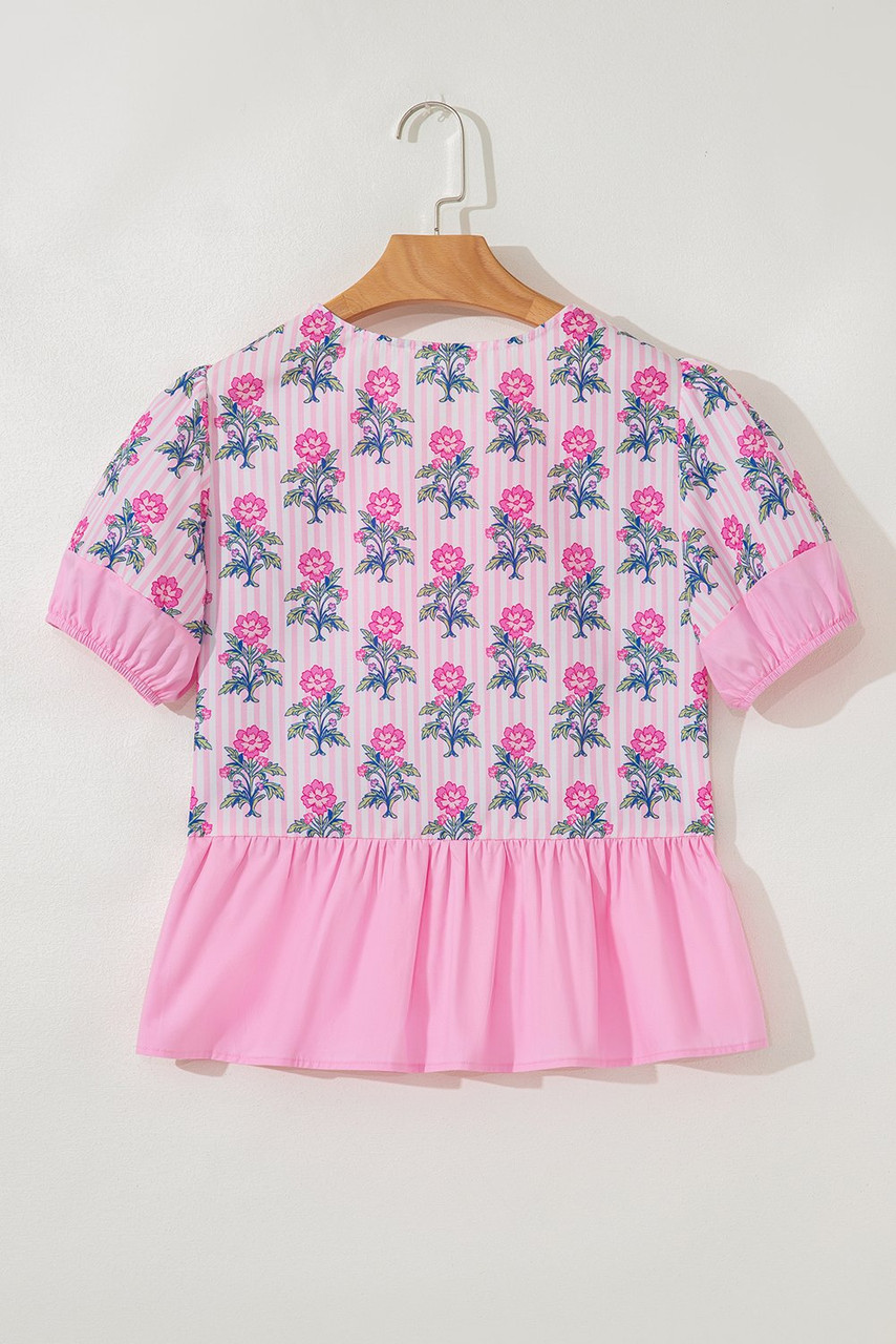 Rose Floral Striped Print Contrast Patchwork Ruffle Hem Blouse Rose Floral Striped Print Contrast Patchwork Ruffle Hem Blouse