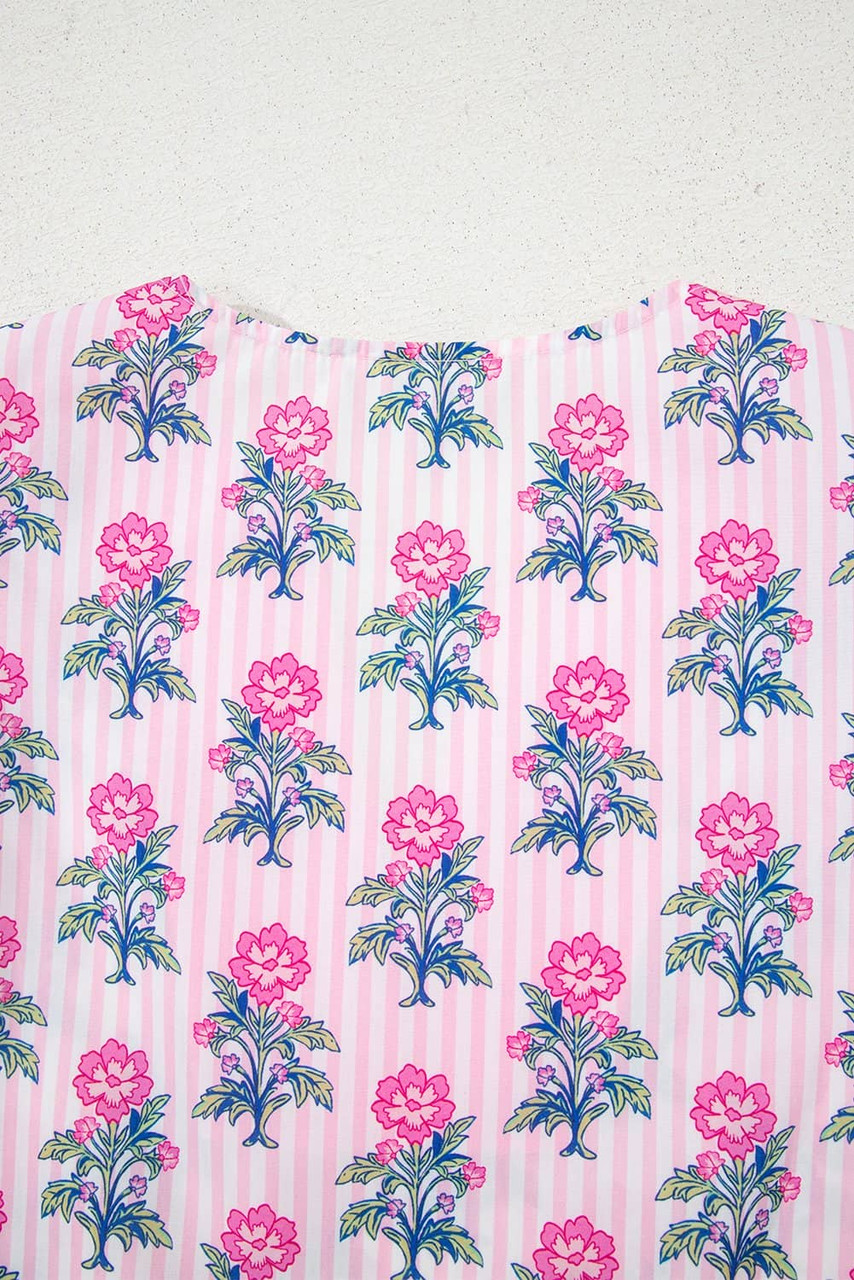 Rose Floral Striped Print Contrast Patchwork Ruffle Hem Blouse Rose Floral Striped Print Contrast Patchwork Ruffle Hem Blouse