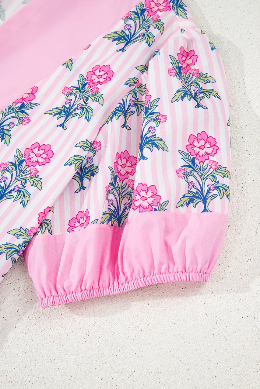Rose Floral Striped Print Contrast Patchwork Ruffle Hem Blouse Rose Floral Striped Print Contrast Patchwork Ruffle Hem Blouse