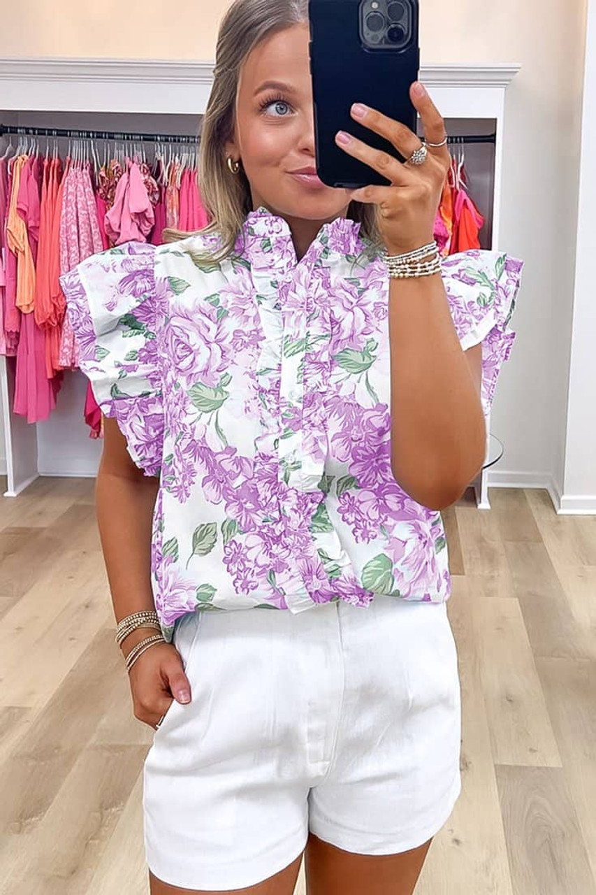 Purple Floral Print Ruffle Sleeve Frilly Button Up Shirt