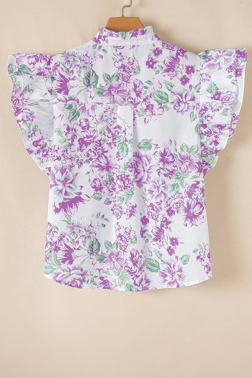 Purple Floral Print Ruffle Sleeve Frilly Button Up Shirt