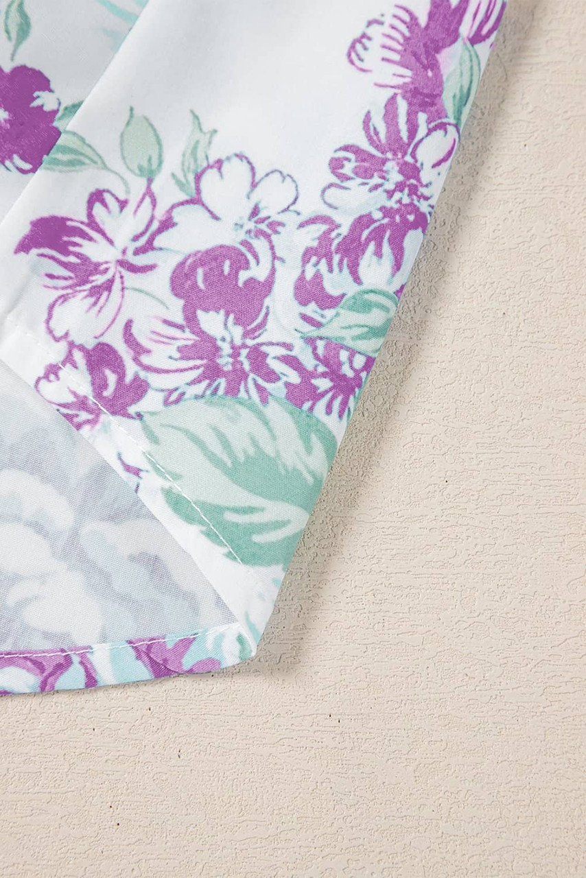Purple Floral Print Ruffle Sleeve Frilly Button Up Shirt