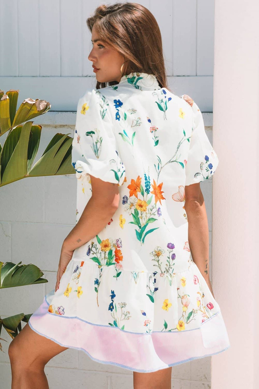 White Floral Print Contrast Striped Patchwork Short Puff Sleeve Dress