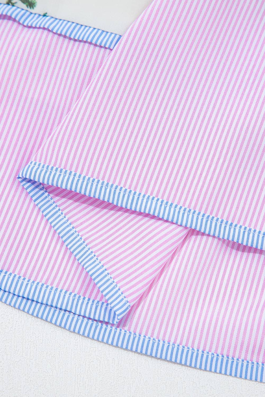 White Floral Print Contrast Striped Patchwork Short Puff Sleeve Dress