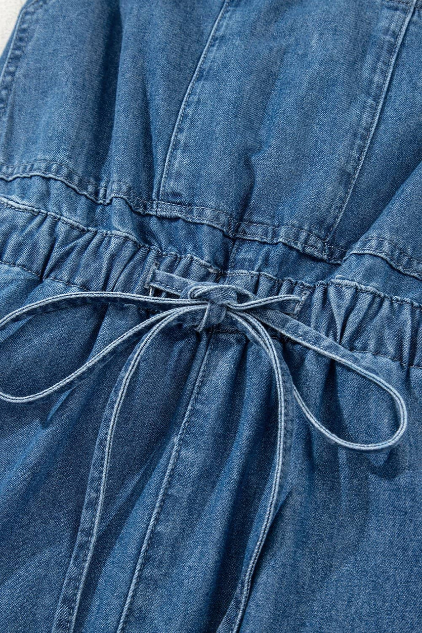 Sky Blue Buckle Straps Bib Style Tied Backless Flared Denim Overall