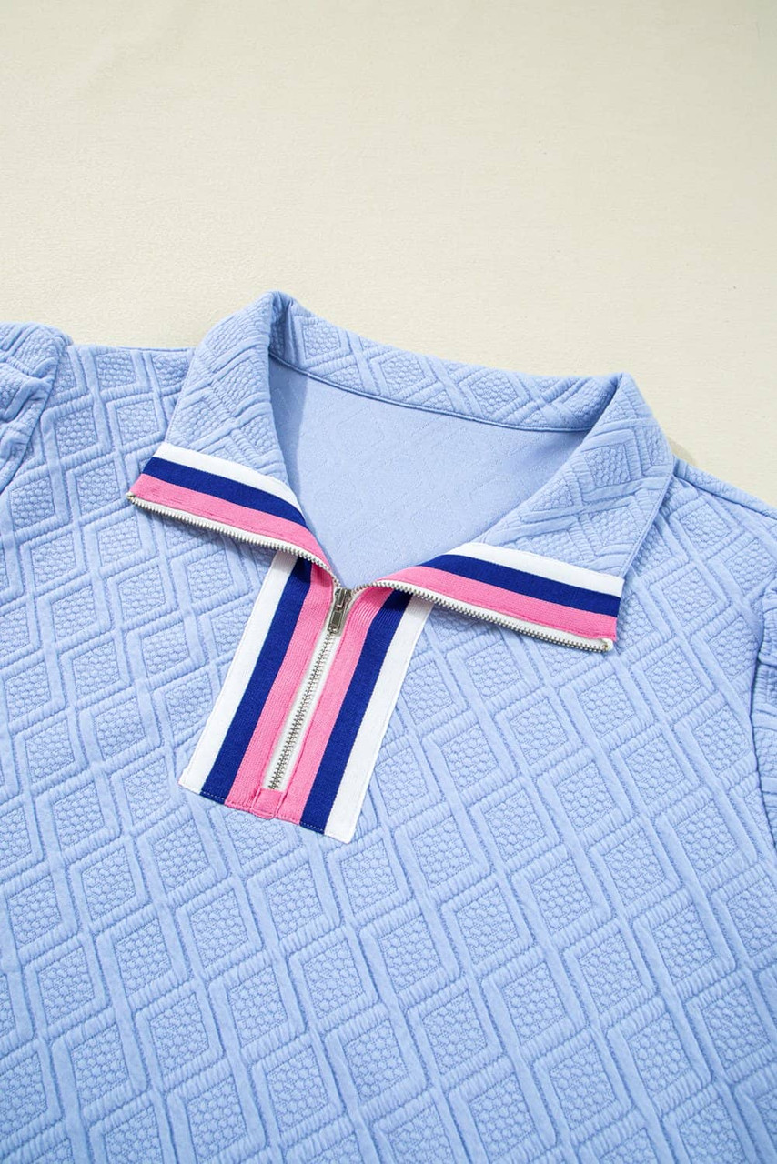 Beau Blue Contrast Striped Trim Zipped Stand Collar Textured Puff Sleeve Plus Size T Shirt Dress