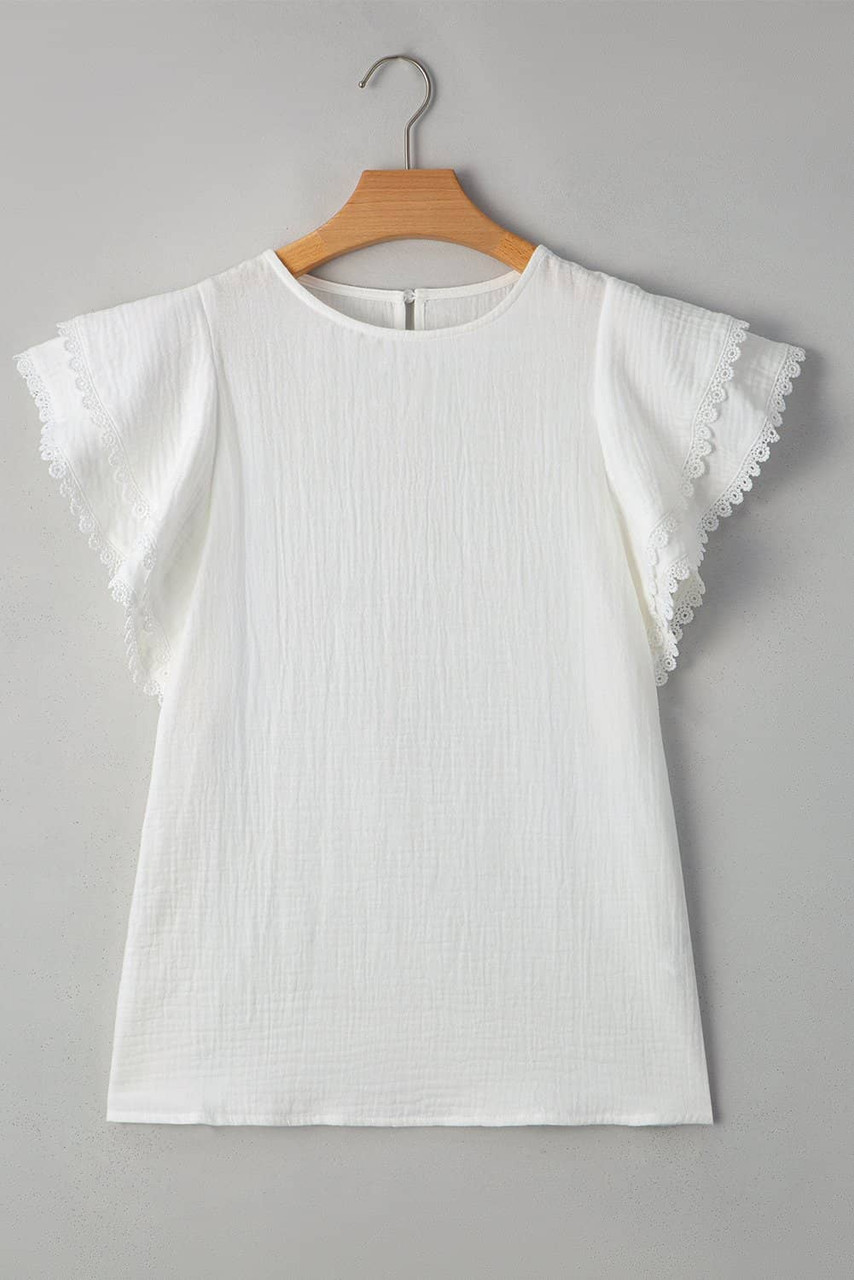 White Crinkled Layered Ruffled Flutter Sleeve Blouse