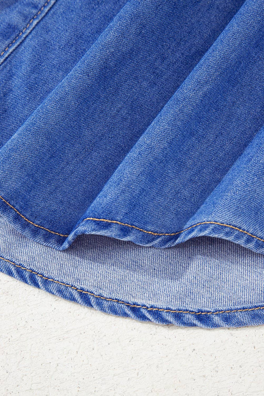 Sky Blue Mineral Wash Frilled Button Up Denim Shirt