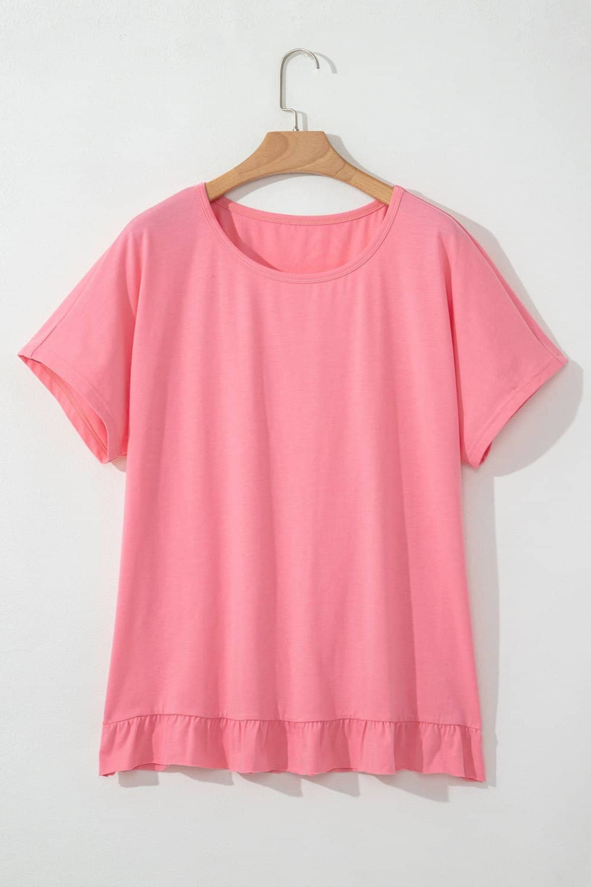 Pink Frilled Hem Loose T-Shirt
