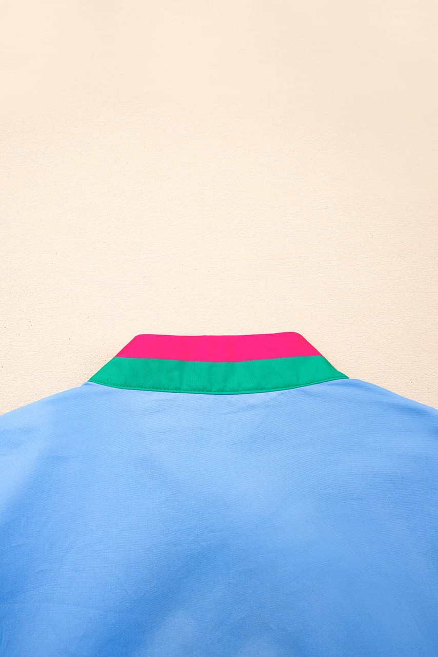Sky Blue Contrast Striped V Neck Collision Short Puff Sleeve Blouse Sky Blue Contrast Striped V Neck Collision Short Puff Sleeve Blouse