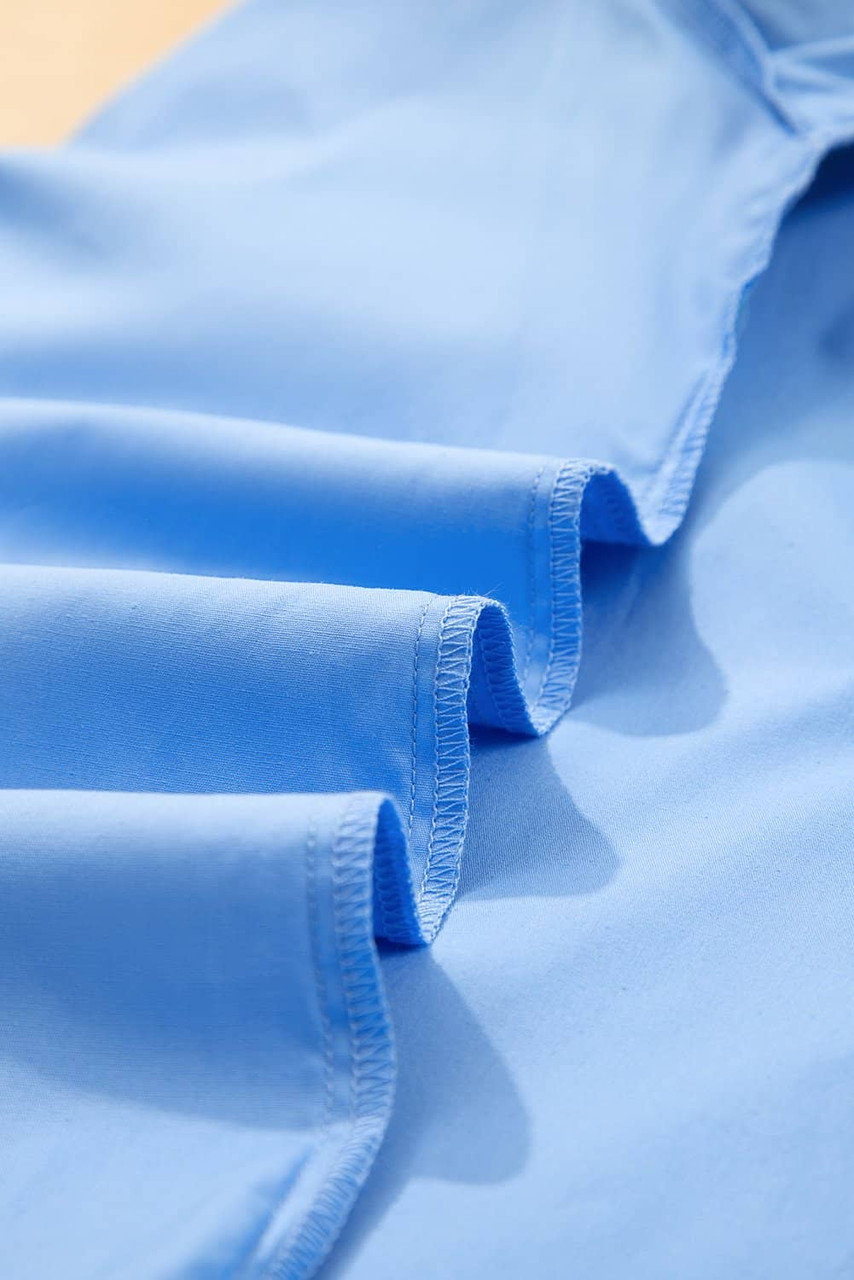 Sky Blue Contrast Striped V Neck Collision Short Puff Sleeve Blouse Sky Blue Contrast Striped V Neck Collision Short Puff Sleeve Blouse