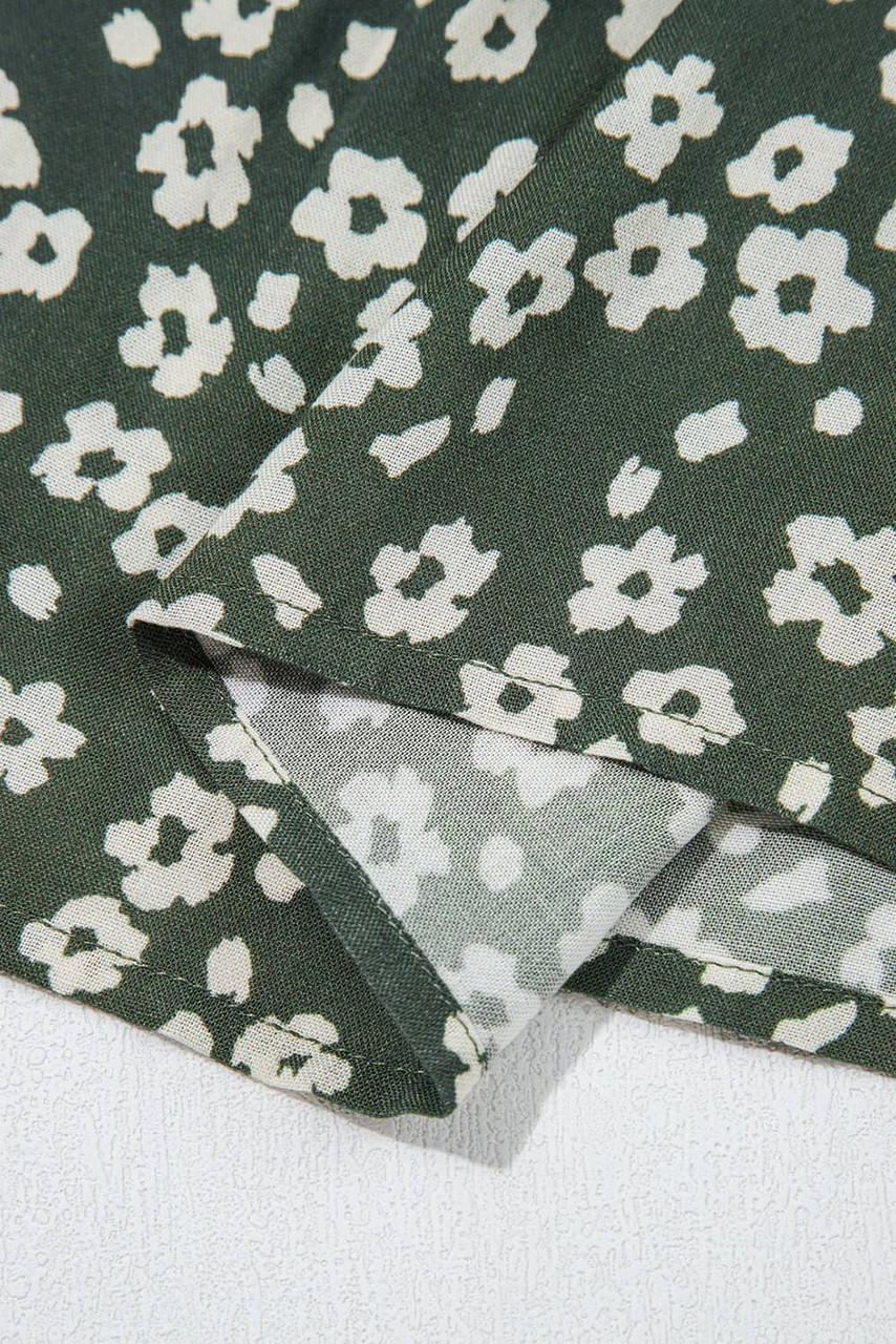 Green Boho Floral Print V Neck Tunic Sleeveless Dress