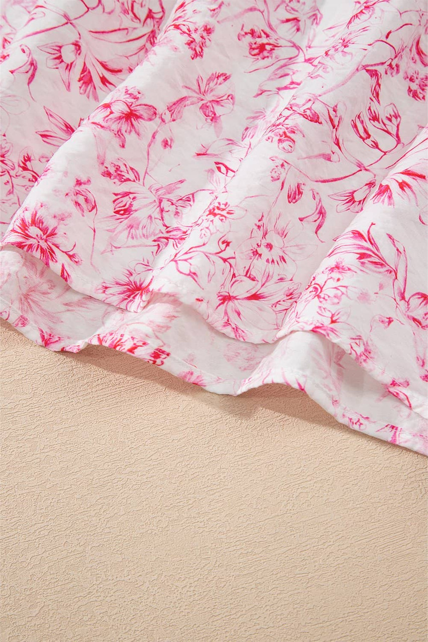 Pink Floral Ruffled Short Sleeve Bow Back Square Neck Blouse Pink Floral Ruffled Short Sleeve Bow Back Square Neck Blouse