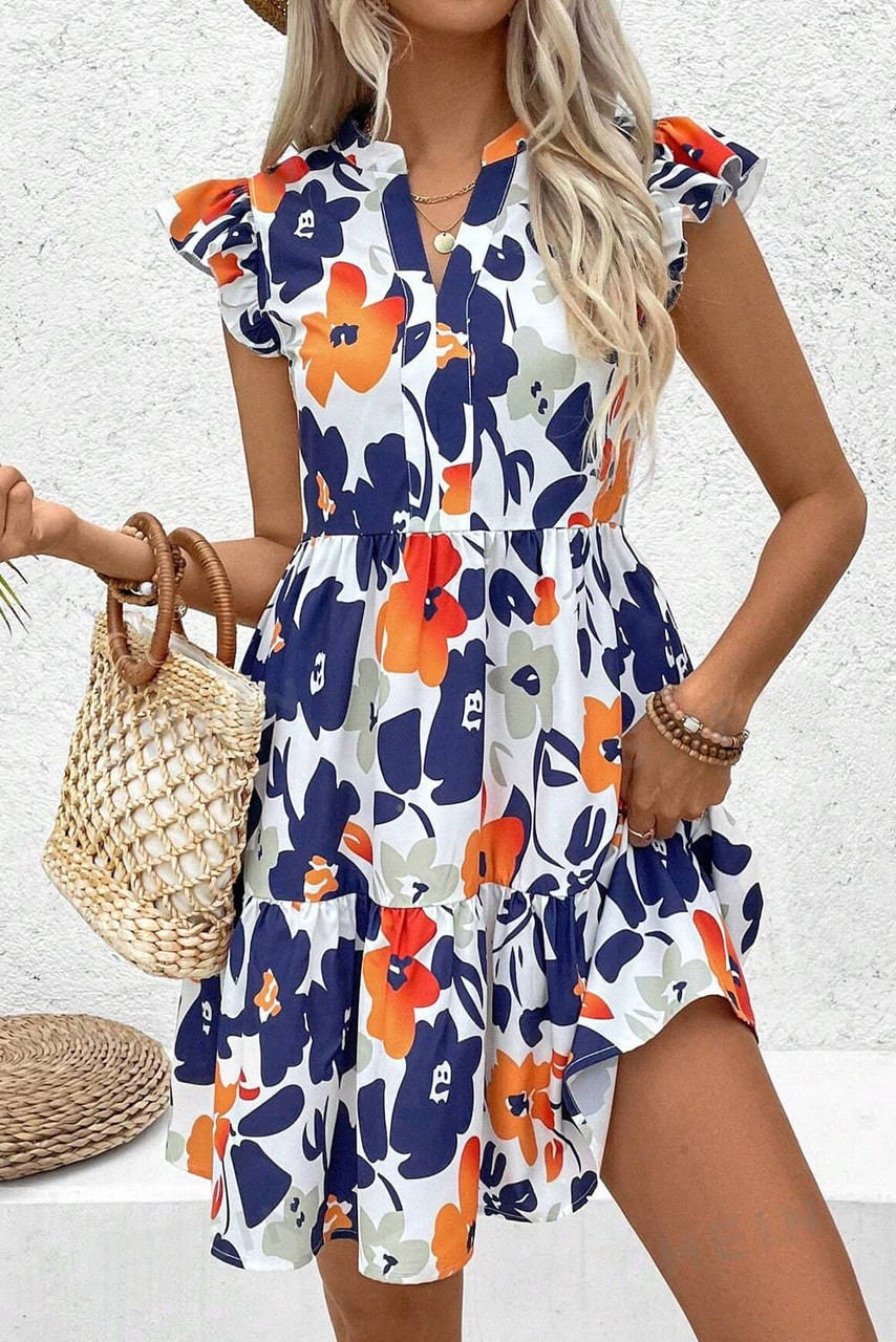 Orange Floral Print Notched Neck Flutter Sleeve Mini Dress Orange Floral Print Notched Neck Flutter Sleeve Mini Dress