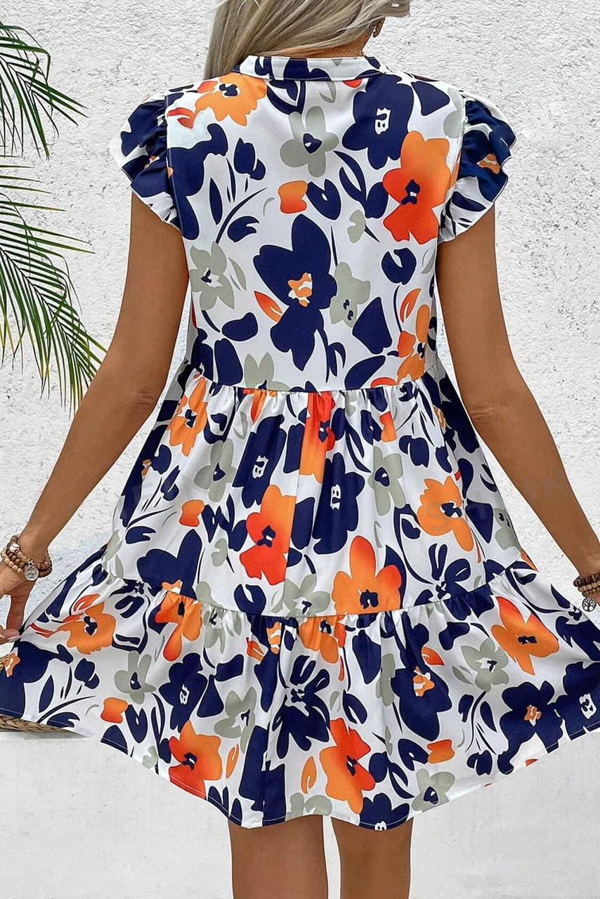 Orange Floral Print Notched Neck Flutter Sleeve Mini Dress Orange Floral Print Notched Neck Flutter Sleeve Mini Dress