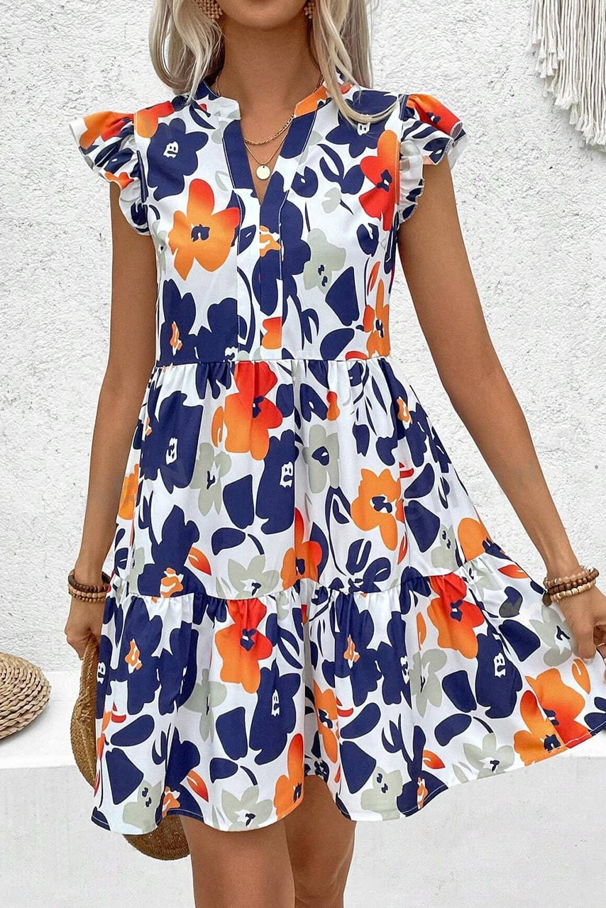 Orange Floral Print Notched Neck Flutter Sleeve Mini Dress Orange Floral Print Notched Neck Flutter Sleeve Mini Dress