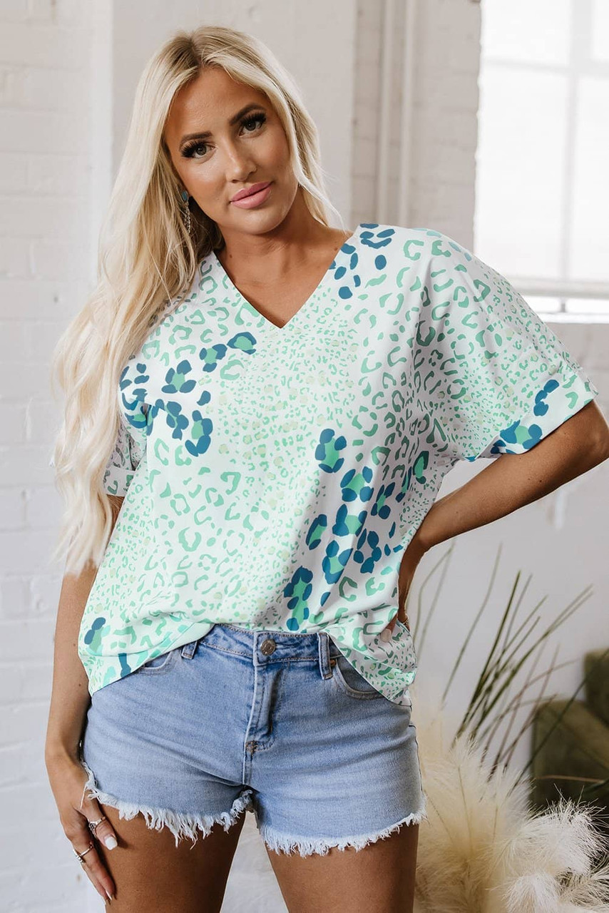 Green Mixed Leopard Print V Neck Short Sleeve Blouse Green Mixed Leopard Print V Neck Short Sleeve Blouse