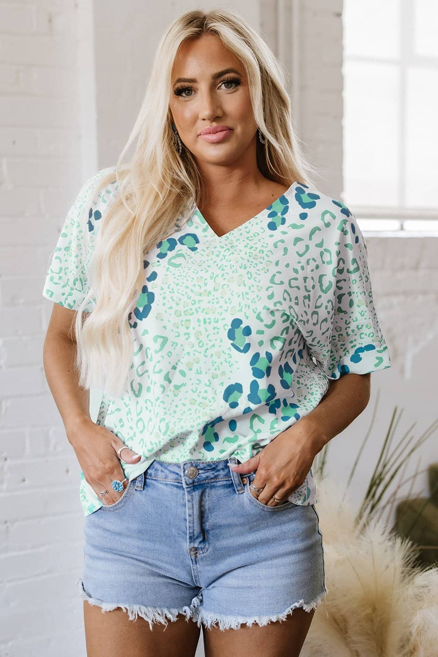 Green Mixed Leopard Print V Neck Short Sleeve Blouse Green Mixed Leopard Print V Neck Short Sleeve Blouse